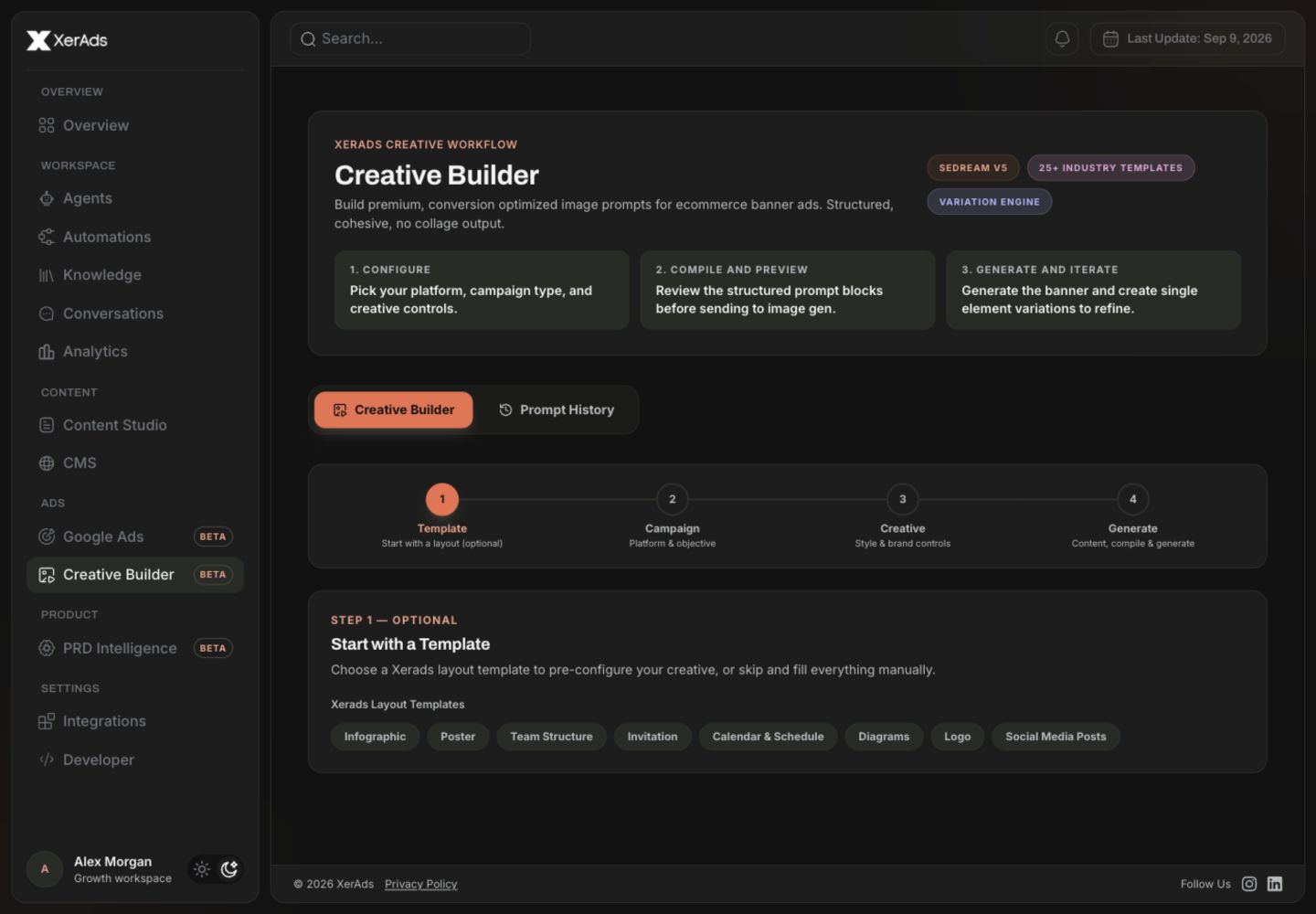XerAds Creative Builder for preparing campaign assets.